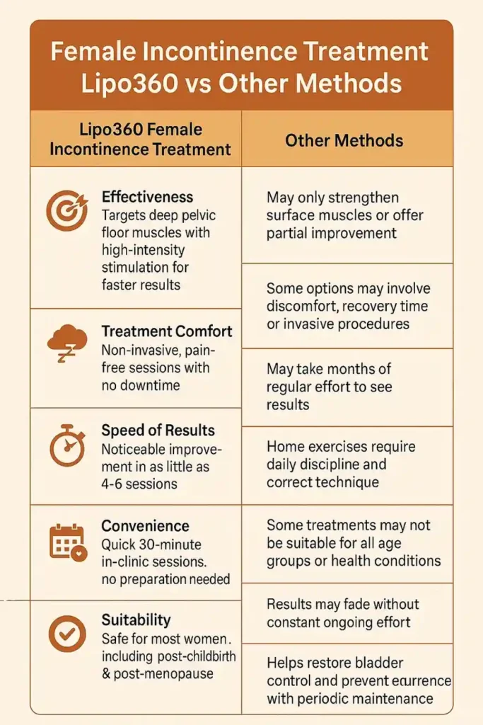 Table showing benefits of incontinence treatment Bagshot