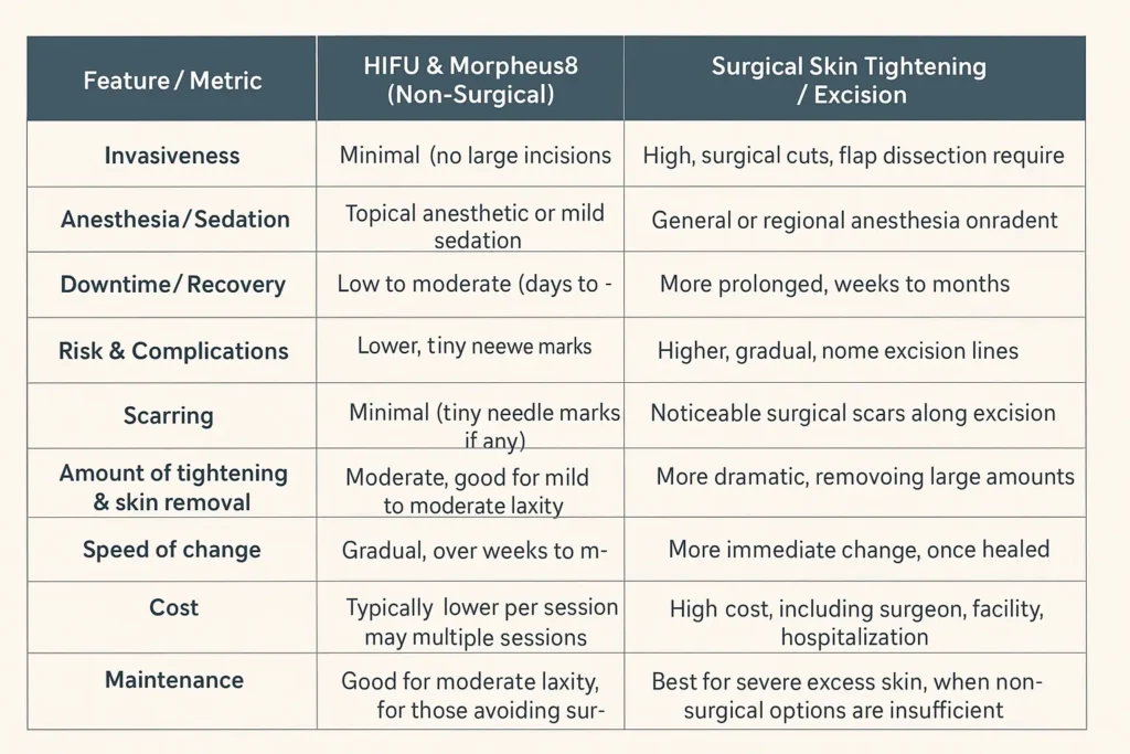 Table of skin tightening Bagshot benefits compared to surgical options